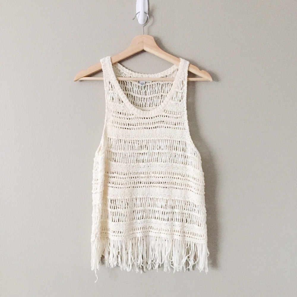 AEO Off-White Knit Fringe Tank Top